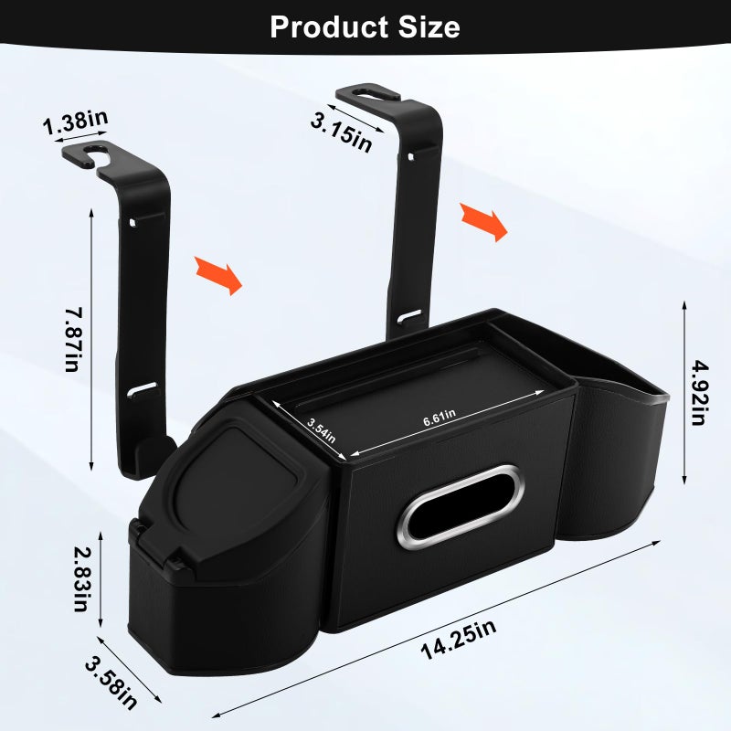 Hiitytin 7-In-1 Car Seat Back Organizer with Cup Holders  Tissue Box  Garbage Can&Hooks  Multifunctional Headrest Storage Organizer  Headrest Cup Holder for Backseat  Car Accessories for Trips  Travels(Black) - Image 2